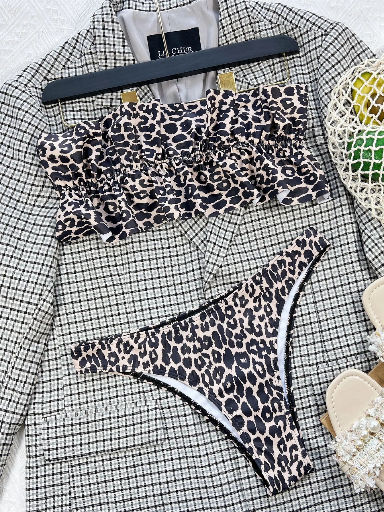 2026 New Sexy Bikini Bandeau Women Swimwear Swimsuit Pleated Ruffle Leopard Bikinis Set Bathing Suit Beach Bikini Female Push Up