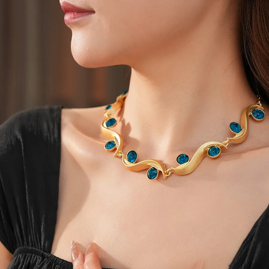 1/2 Pcs Unique Round Wave Long Earrings Blue Rhinestone Adjustable Chain Necklace Bohemian Women Fashion Jewelry Set Vacation N