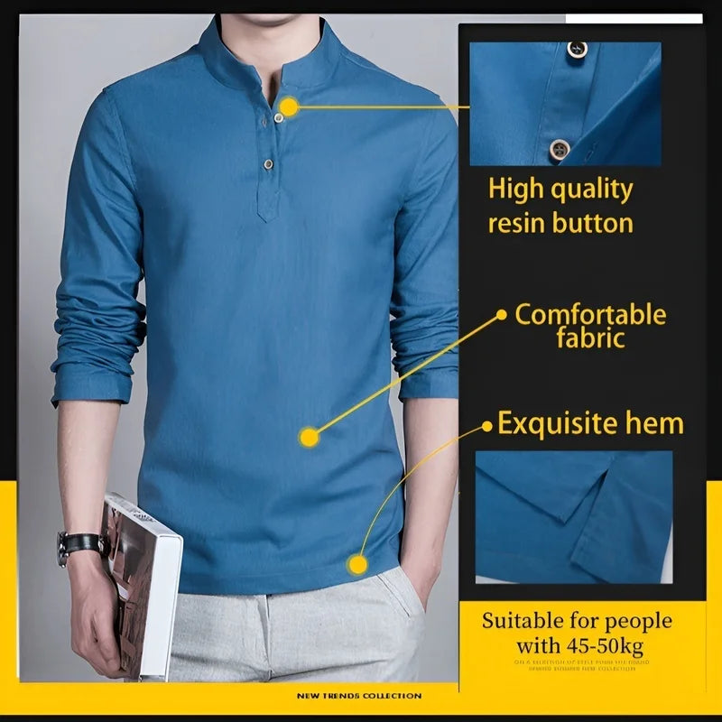 Men’s Solid-color Cotton Linen Shirt Long Sleeve Plus Size Casual