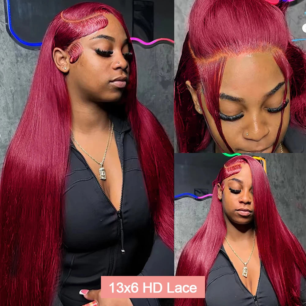 Burgundy Transparent Lace Frontal Human Hair Wig 7x5 Glueless Red 99J Straight Colored 13x4 Lace Front Human Hair Wigs For Women