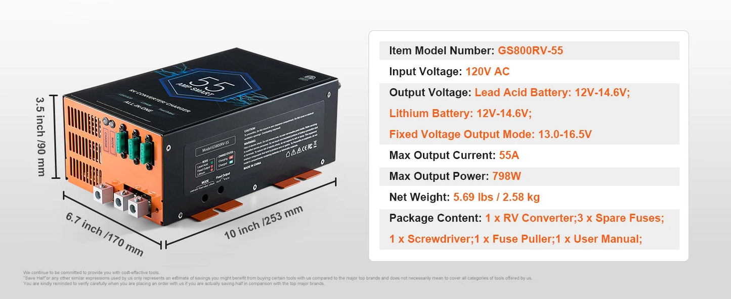 SucceBuy RV Converter 45/55/80Amp 110V AC to 12VDC Battery Charger 4Stage Smart Charging 13V to 16.5V Adjustable Operating Range