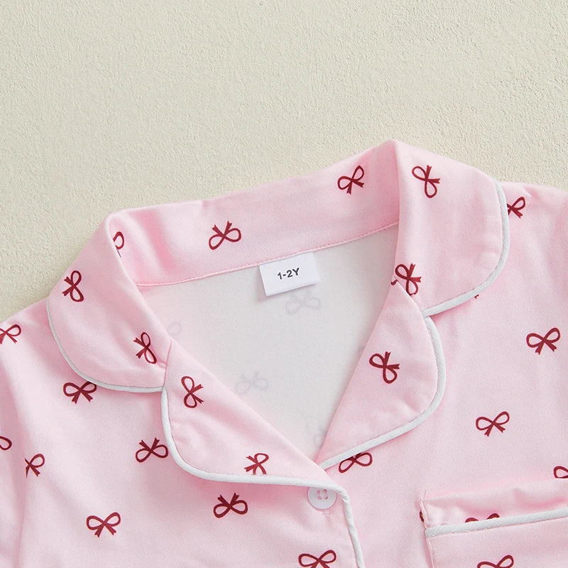 Summer Toddler Girls Loungewear Set Bow Print Short Sleeve Shirts Tops Elastic Waist Shorts Suit Infant Sleepwear Kids Pajamas
