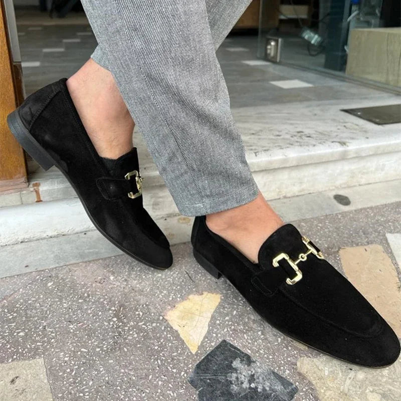 Loafers Men Shoes Black Beige Flock Round Toe Metal Decoration Men Dress Shoes Slip on Men Shoes