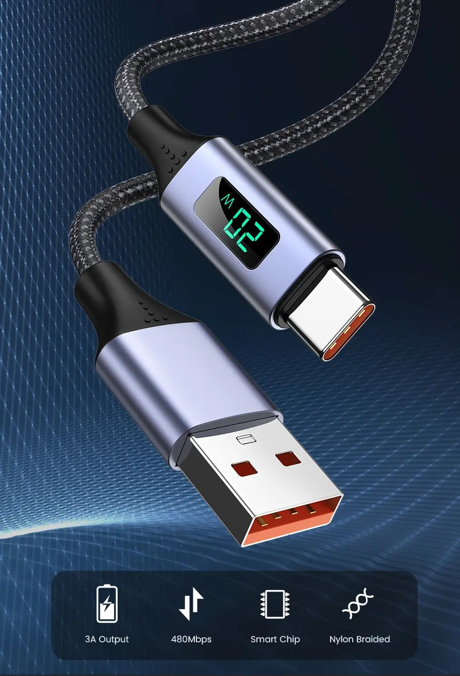 TOPK Micro USB Cable USB Type C Cable 3A for Samsung Xiaomi Fast Charging USB C With Digital Display Mobile Phone Cable