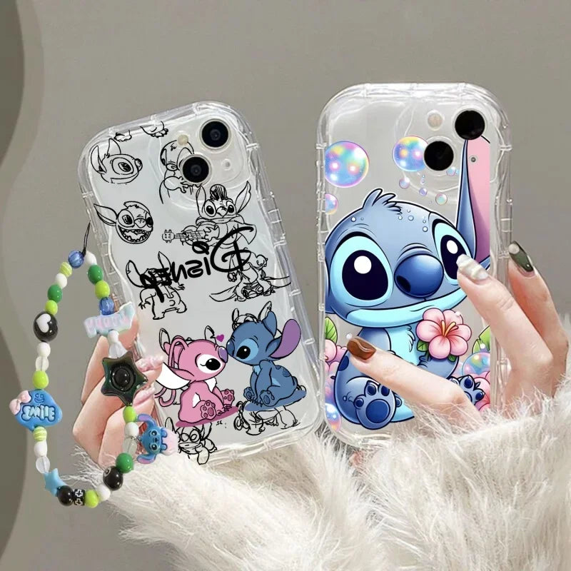 Cartoon Cute Stitch Wrist Strap Lanyard Case For iPhone 16 11 15 12 Pro Max 13 Mini 14 Plus 16e 7 8 Plus XR SE Shockproof Cover