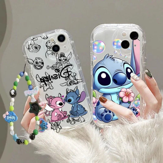 Cartoon Cute Stitch Wrist Strap Lanyard Case For iPhone 16 11 15 12 Pro Max 13 Mini 14 Plus 16e 7 8 Plus XR SE Shockproof Cover