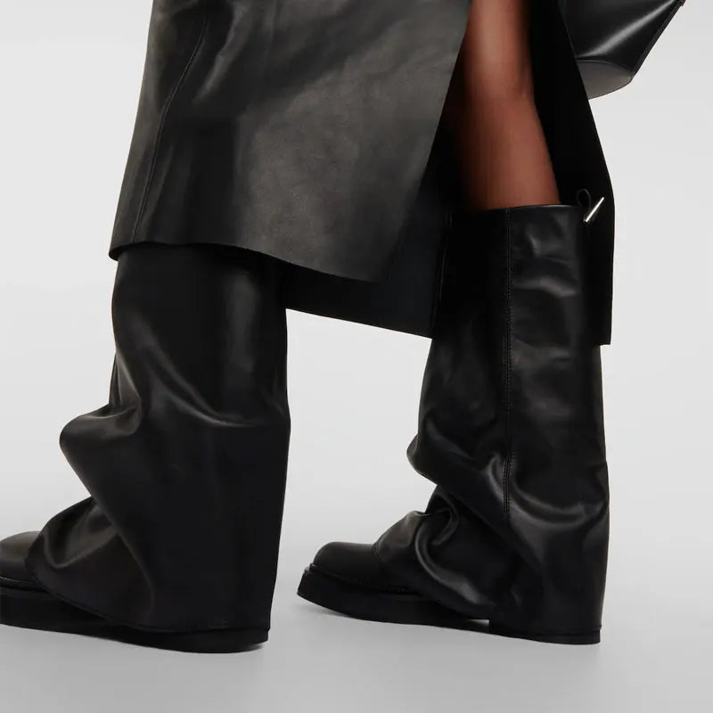 Women's New Autumn and Winter Calf Boots with Pleated Thick High Heels and Fashionable Oversized Street Leather Mid Leg Boots