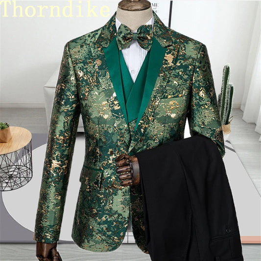 2023 Blazer+Pants+Vest Suits Male Casual Slim Blazer Coat Suit New Man Fashion Green Jacquard Eye-catching High Quality Party