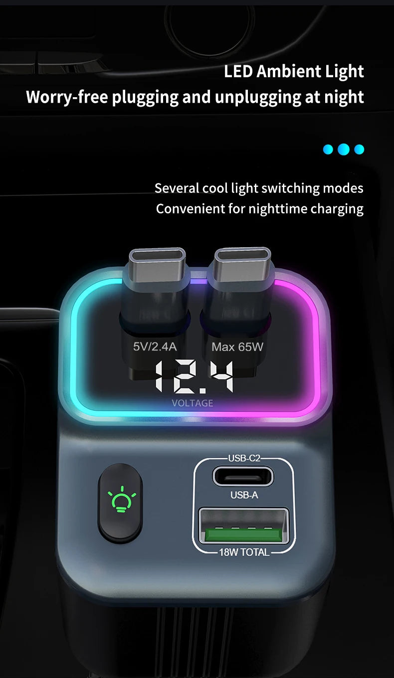 Scalable Car Charger 4in1 Fast Charging Car Charger with 72W Retractable Cable and PD65W USB Port Compatible with Type-C Adapter