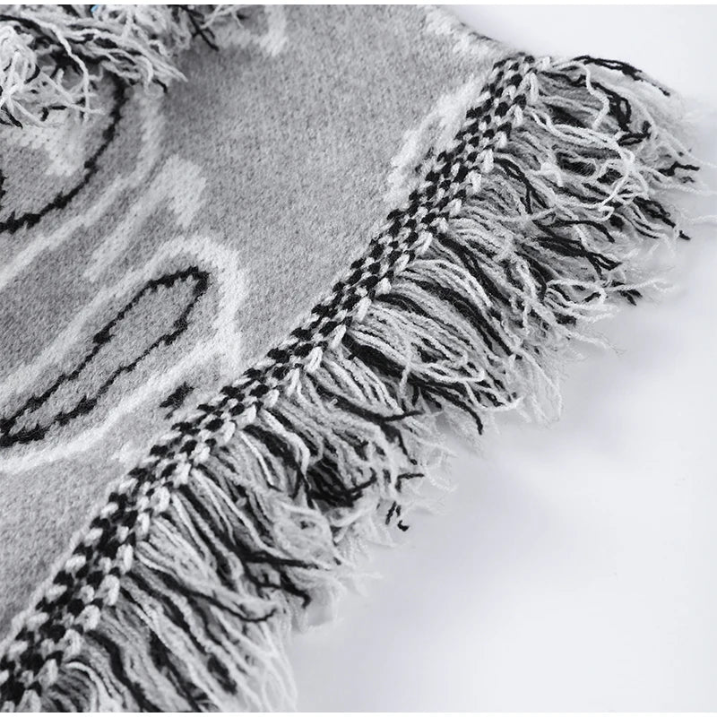 Women's Print Fringe Knitted Vest Coat Fashion Sleeveless Tie Waist Pocket Cardigan Sweater Lady 2025 Autumn Casual Outerwear