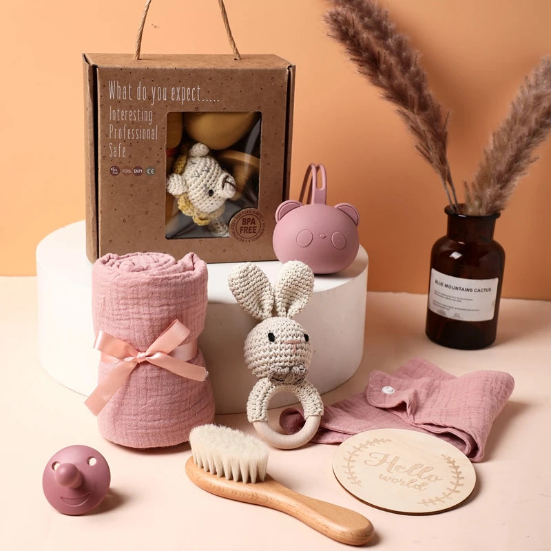 Baby Bathing Mouth Water Towel Pacifier Set Baby Full Moon Milestone Cards Wood Ring Rattle Bath Towel Wool Brush Birthday Gifts
