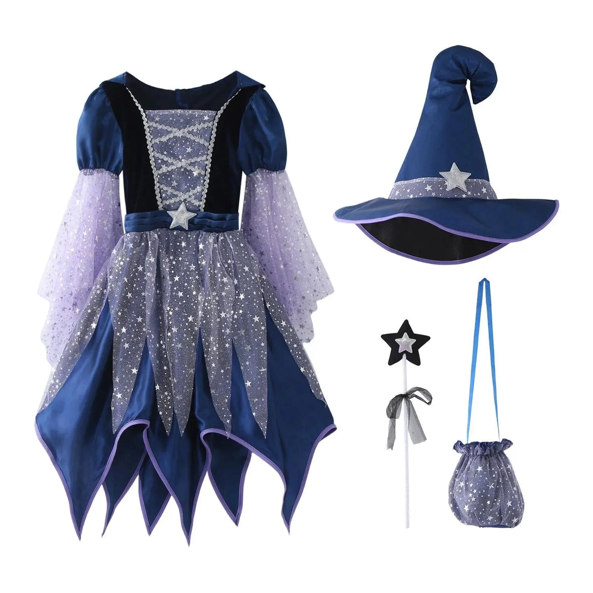 2026 Halloween Blue Witch Costume for Girls with Witch Hat Wand Bag Accessory Set  2-12T Girl Role Play Party Dress Vestidos