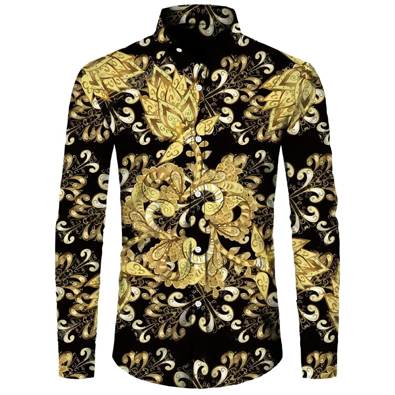 2024 New Luxury Golden Flower Chain 3D Print Men Lapel Button Shirts Long Sleeve Shirt Casual Mens Designer Clothing Streetwear