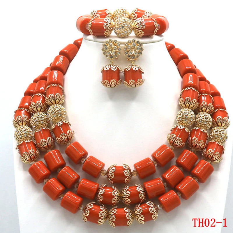 High Quality 2 Layers Artificial Coral Bead African Wedding Jewelry Set Women Necklace Nigeria Bride Party Gift