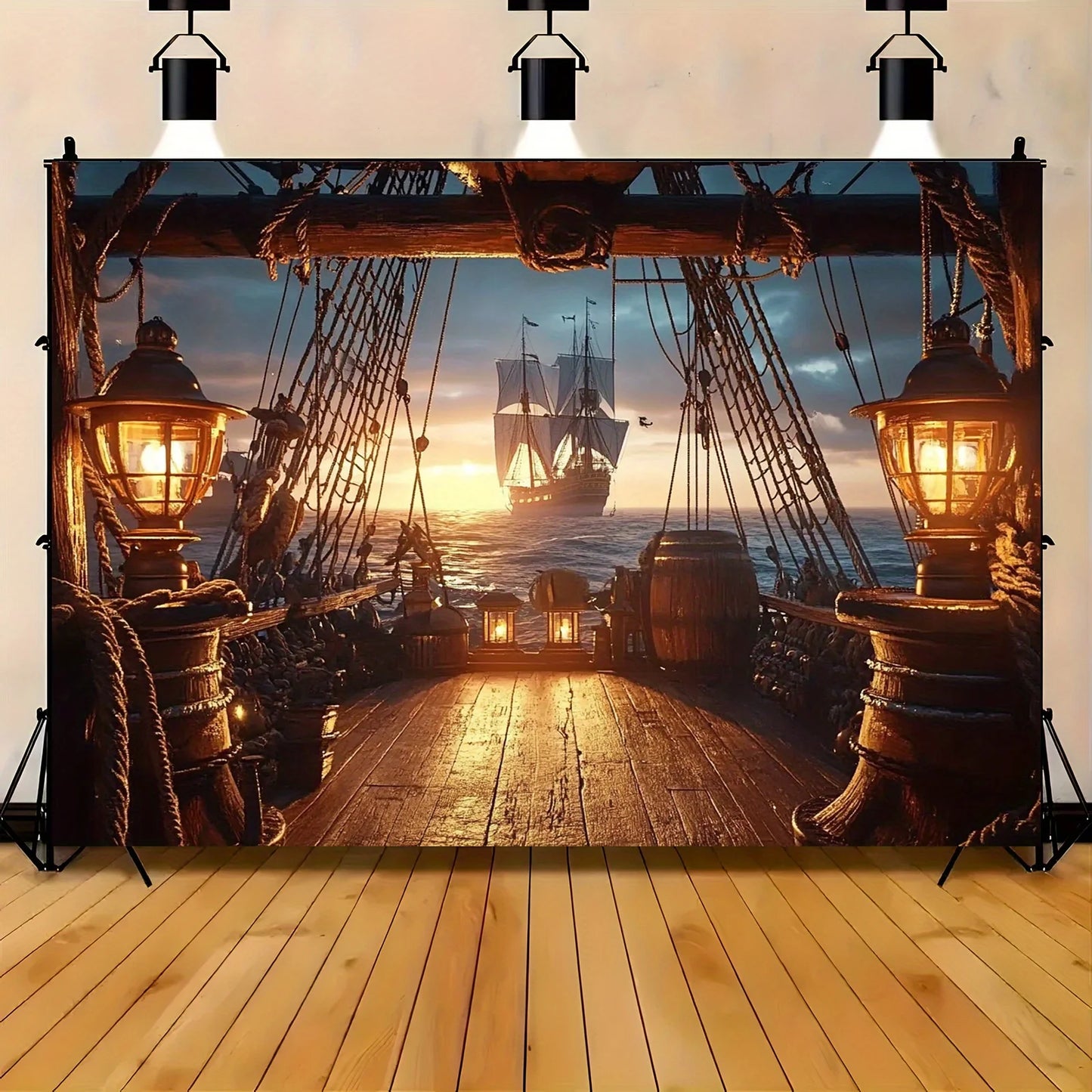 1 golden dusk pirate ship sailing scene background cloth, retro-style party banner, outdoor decoration