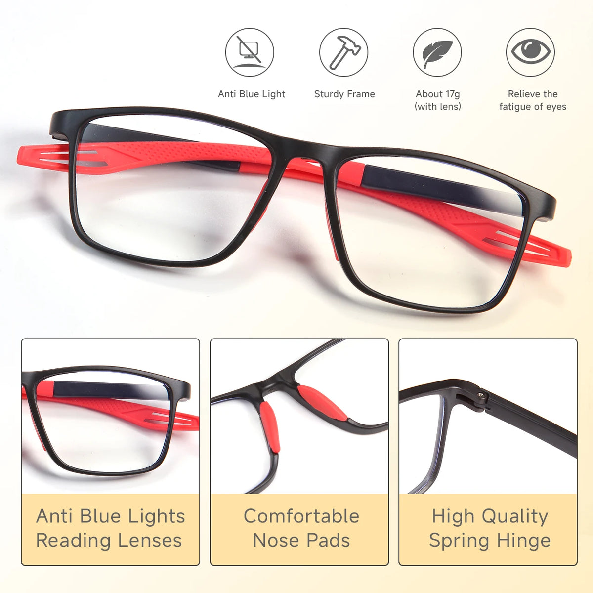 2PCS 3-in-1 Progressive Reading Glasses - Anti-Blue Light, Multifocal Lenses for Near & Far Vision, +1.0 to +3.0 Diopter
