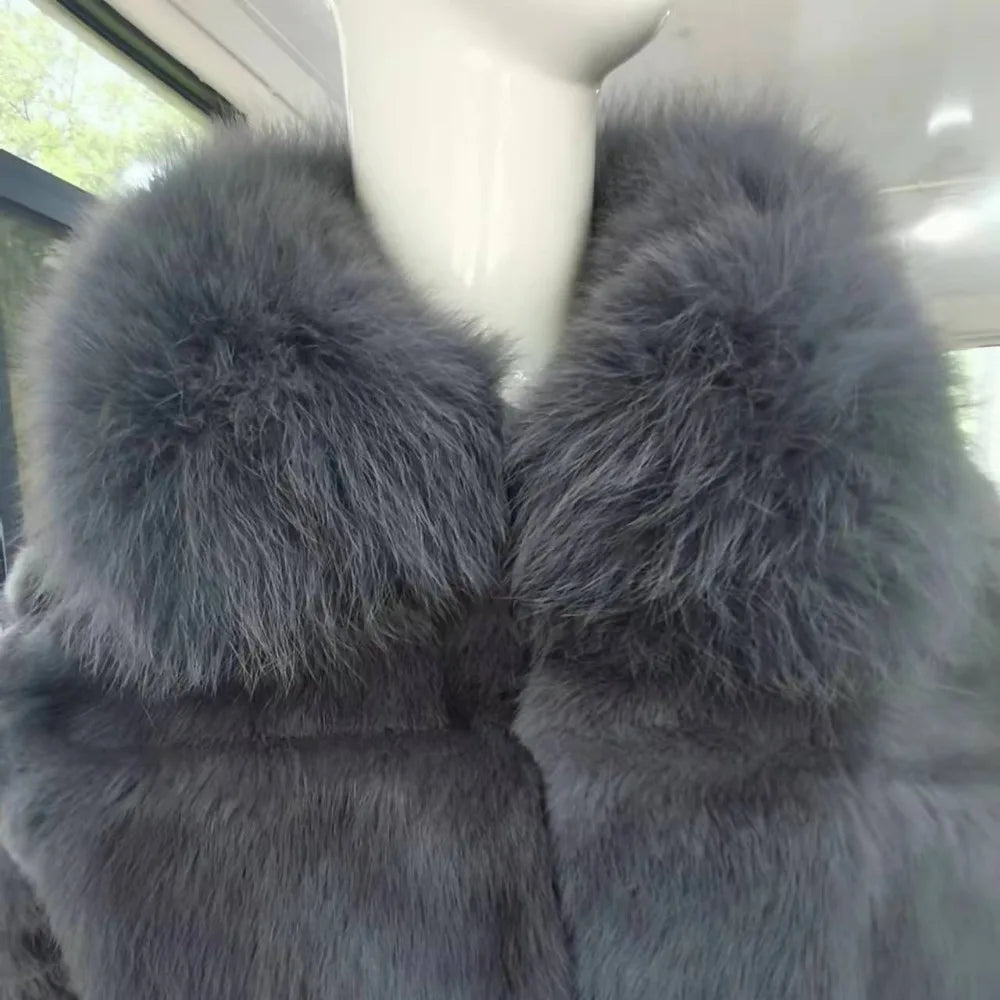 OFTBUY 2024 New Real Rabbit Fur Coat with Fox Fur Collar Women Full Pelt Fox Fur Jacket Winter Rabbit Fur Waistcoat High Street