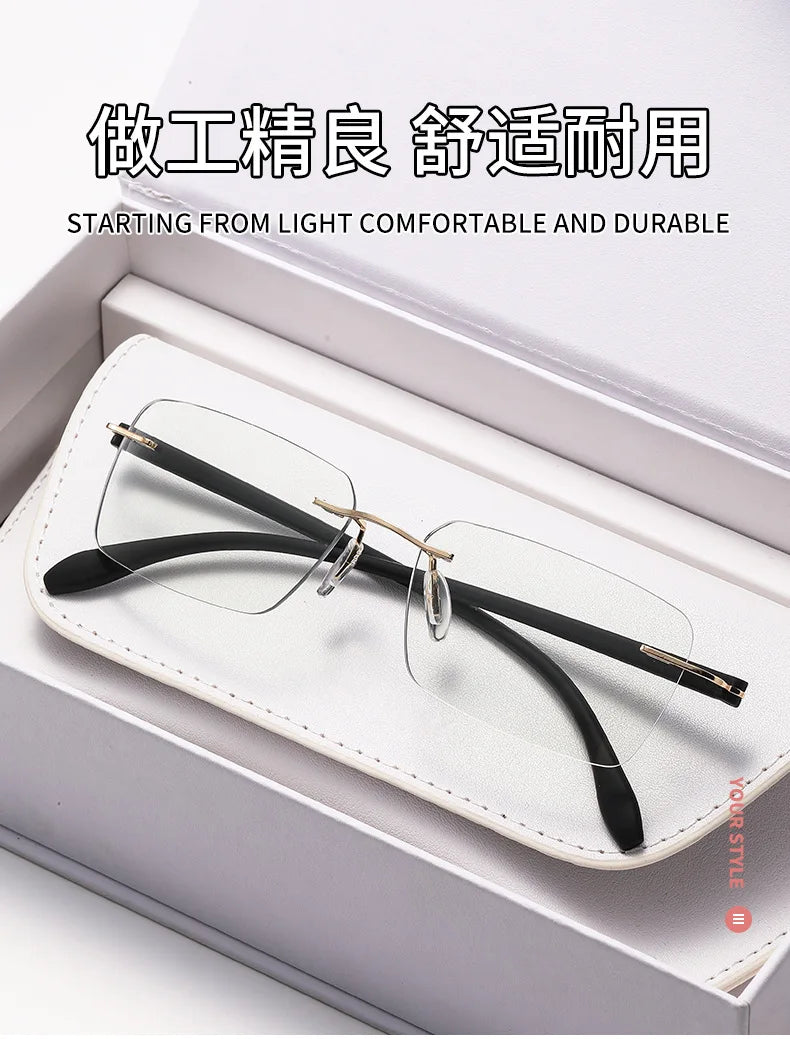 Rimless Photochromic Reading Glasses Auto Color Changing Light Sensitive Presbyopia Glasses Ultralight Frameless Eyeglasses for