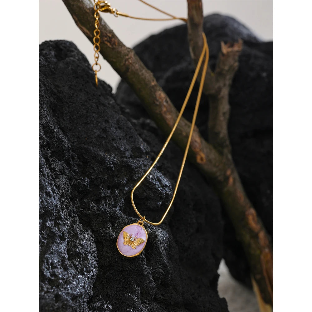 Yhpup Pink Enamel Butterfly Gilding Geometric Pendant Stainless Steel Collar Fashion Necklace for Women Korean Chic Jewelry Gift