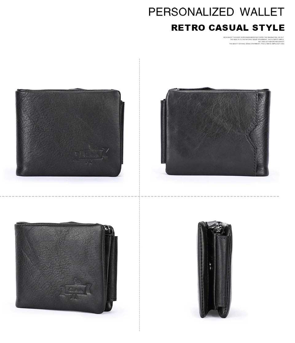 CONTACT'S Genuine Leather Men Wallet Vintage Trifold Hasp Wallet Zipper Coin Purse Card Holder Money Clip Men's Wallets