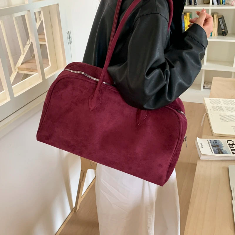 Vintage Women Business Shoulder Bags Simple Ladies Commute Tote Bag Suede Leather Female Underarm Bag Burgundy Large Handbags