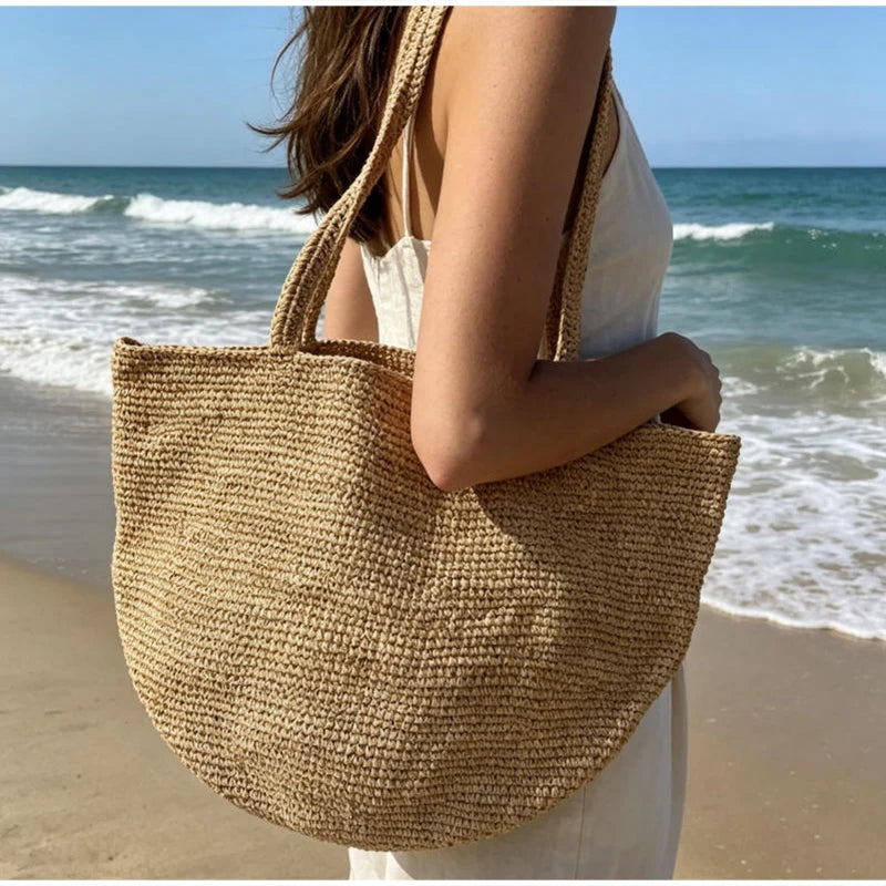 Summer Handmade Raffia Woven Bag, Women's Simple Fashion Shoulder Tote, Beach Vacation Straw Purse,Casual Lightweight for Travel