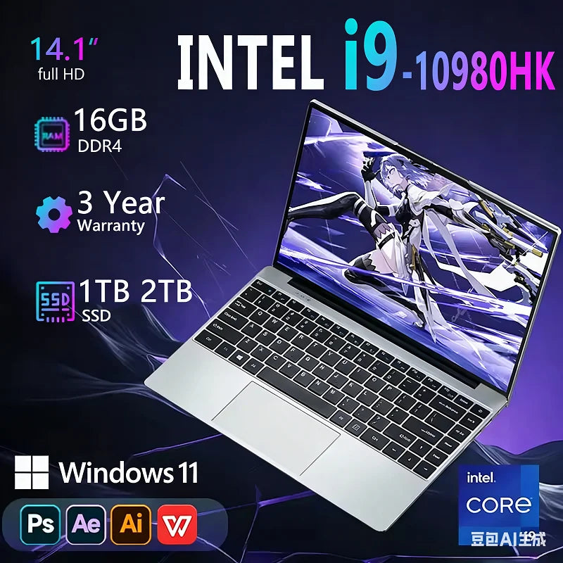 New Arrival 14.1” Gaming i9 Laptop Windows 11 Intel Core i9-10980hk 16GB RAM 1/2TB M.2 SSD Laptops 4K HD Gaming Notebook PC