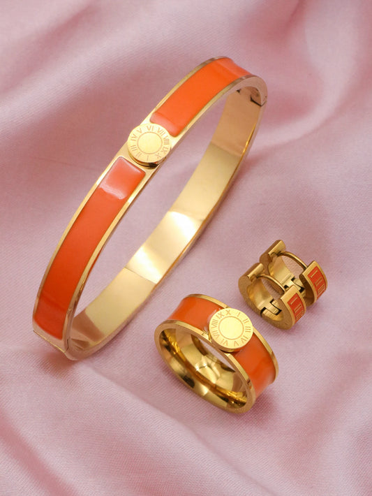 1set/4pcs New Trendy Round Roman Numerals Bracelet Stainless Steel Enamel Bangles Ring Earrings Jewelry Set Women Orange Color