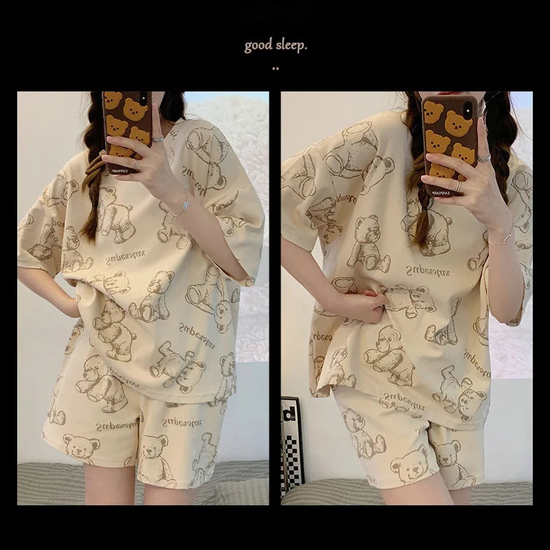 New Women's Pajamas Two-Piece Summer Thin Section Of Short-Sleeved Shorts Cute And Comfortable Milky Outwear Homewear Suit