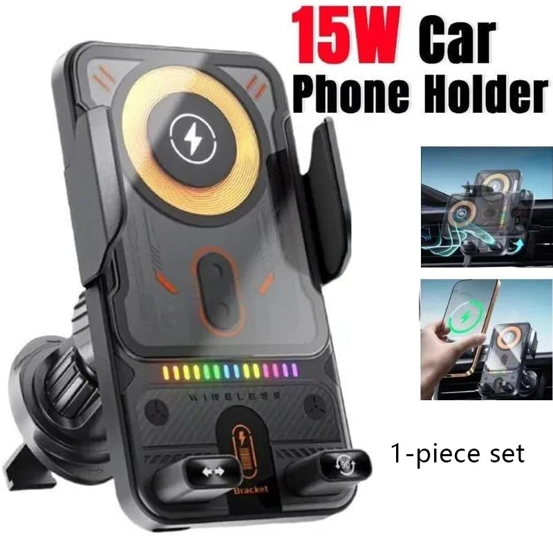Auto-Sensing Car Wireless Charger Electric Rotating Mount Ambient Light Compatible Fast Charging Station for iPhone 17 16 15 14
