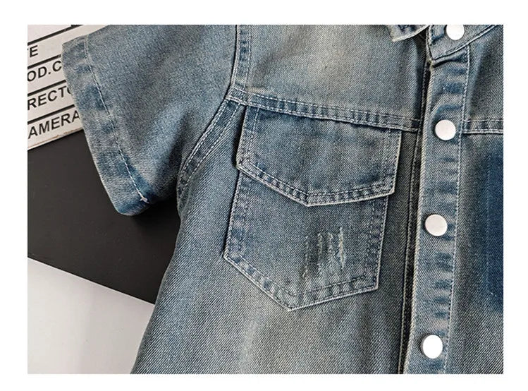 2025 Trendy Boys' Denim Set Vintage Wash Short Sleeve Shirt & Shorts 2-Piece Summer Outfit