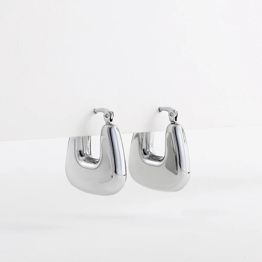 New Trend Silver Color Polished Stainless Steel CC Circle Chunky Hoop Earrings Twist PVD Dome Lightweight Hammered Drop Earrings