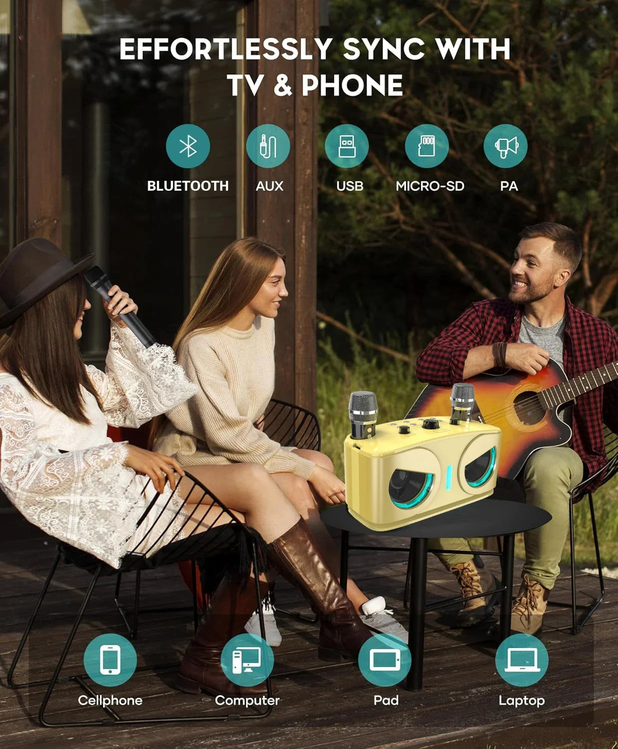 Karaoke Machine with 2 Wireless Microphones, Portable Bluetooth Speaker with Bass/Treble Adjustment, Supports TF Card/USB/AUX