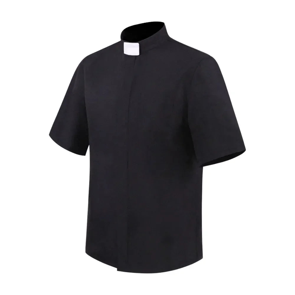 Priest Collar Shirt Men Clergy Stand-up Catholic Church Minister Preacher Summer Short Sleeve Tops Roman Blouse S-5XL