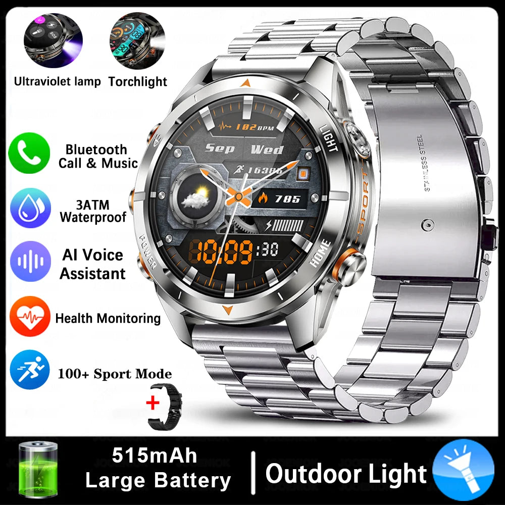 Military Smart Watch Men 10ATM Waterproof 1.46" AMOLED Screen LED Flashlight 515mAh Battery Heart Rate Sport BT Call Smartwatch
