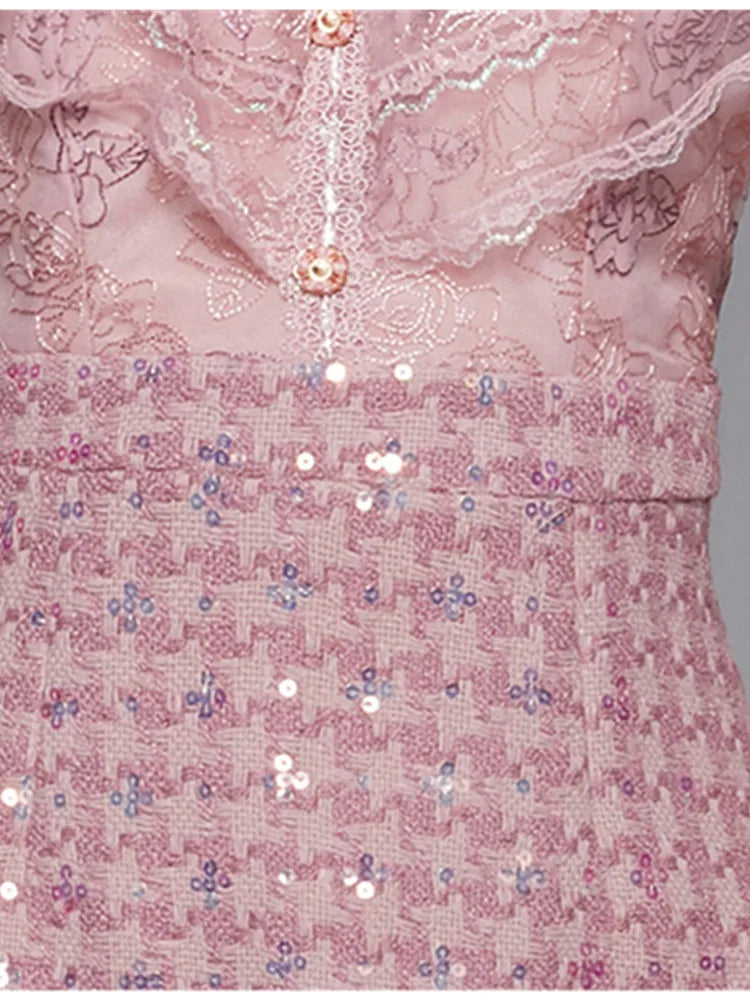 Light Luxury Embroidery Sequin Tweed Patchwork Dresss Women's Stand Collar  Long Sleeve Ruffle Woolen Dress Female Clothing