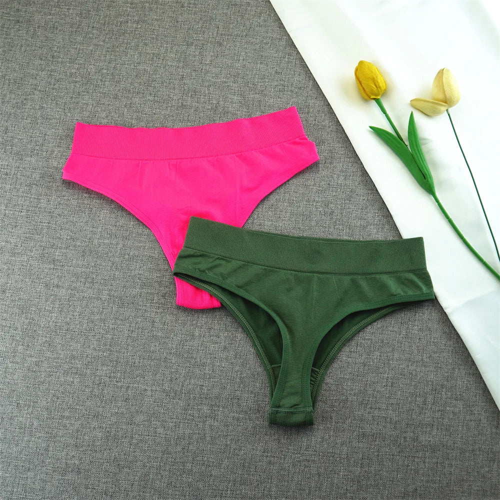 2pcs High Elastic Women T-back Seamless Plus Size Sports Underwear Solid Color Mid Waist Sexy Thong Europe Size S/M/L/XL/XXL