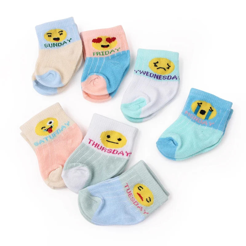 7 Pairs Set for Baby Socks Soft Cotton Cute Animal Smile Face Spring and Autumn for 0-6 Months Toddler Boys and Girls W0040W0052
