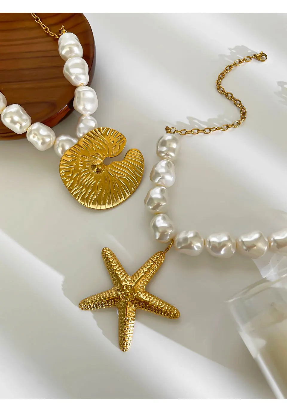 GHIDBK Exaggerated Punk Big Starfish Irregular Round Pendant Necklaces for Women Imitation Baroque Pearl Collarbone Chain Summer