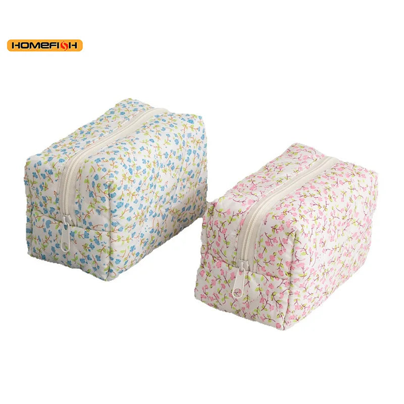 Floral Puffy Quilted Makeup Bag Large Capacity Travel Cosmetic Pouch Flower Print Storage Organizer for Women Daily Travel Use