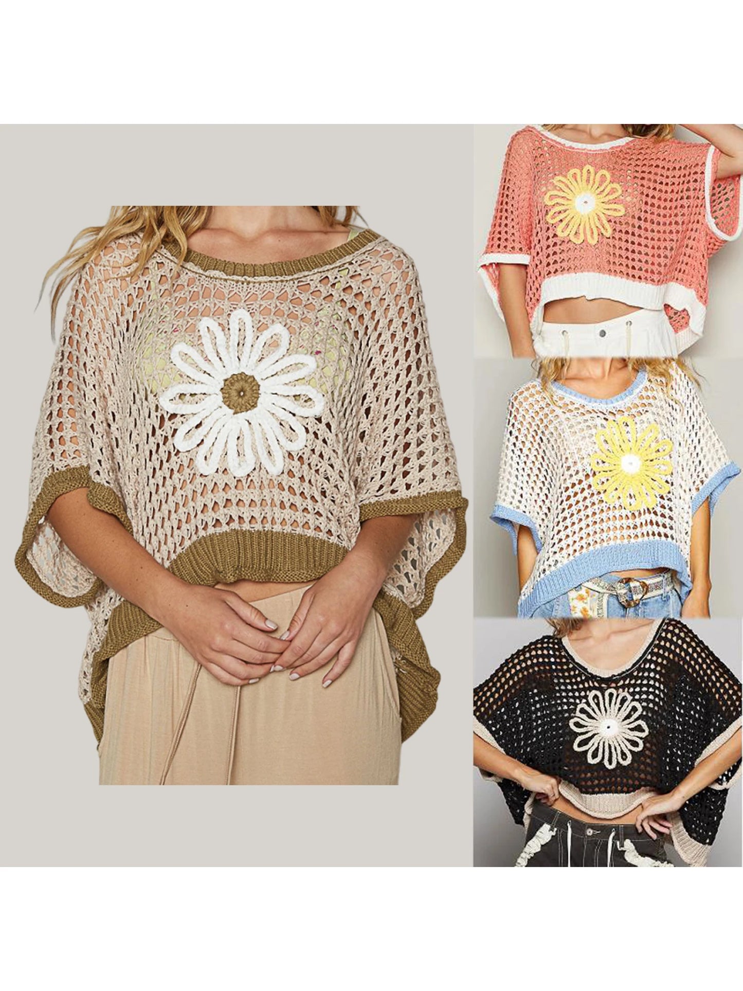 Women's Crochet Hollow Out Tops Half Sleeve O Neck Daisy Embroidery Loose Shirts Cover-ups Summer Knitwear