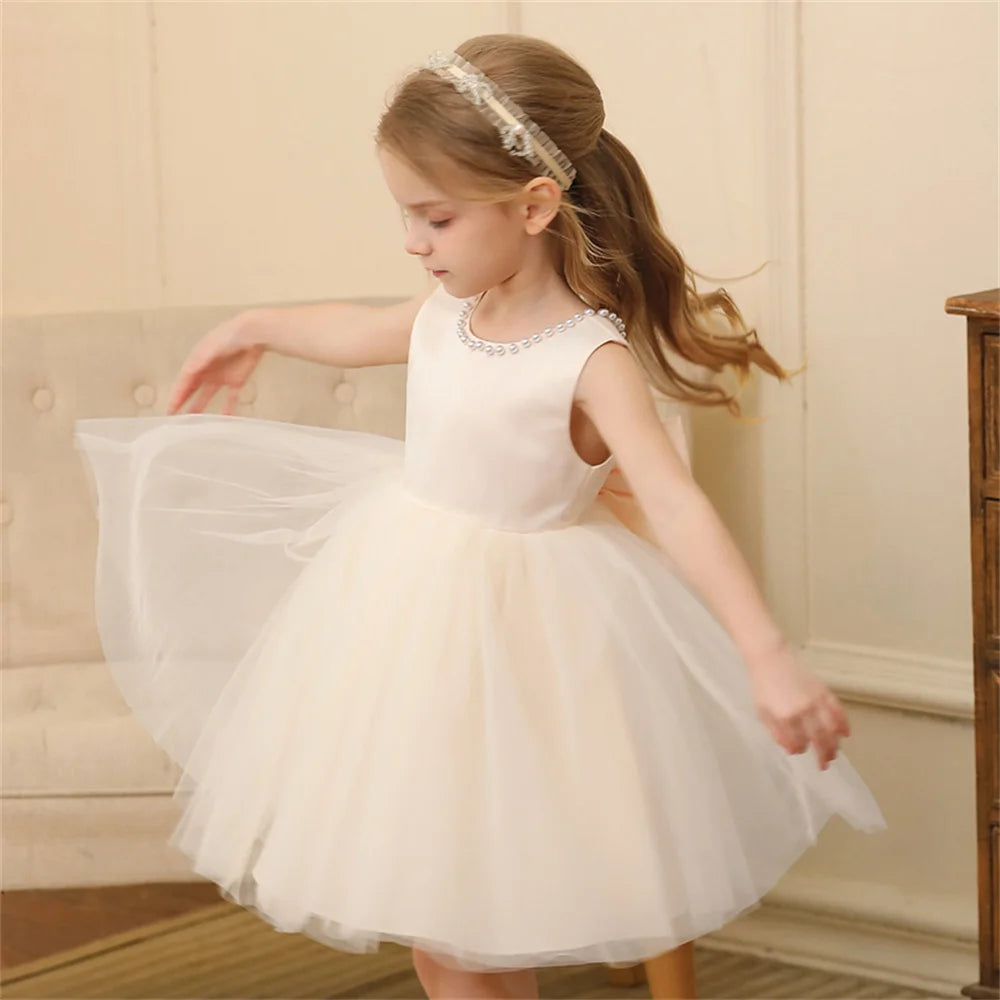 Toddler Girl Flower Birthday Tulle Pearl Dress Backless Bow Wedding Gown Baby Girl Bowknot Dresses Kid Party Wear Princess Dress