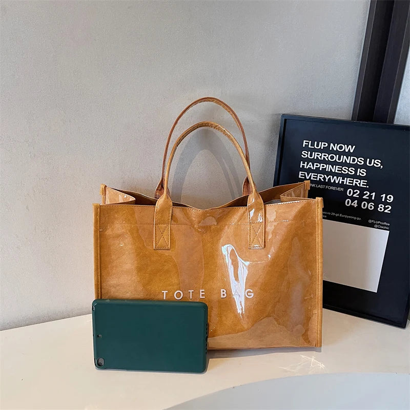 Women's Glossy Leather Tote Bag Letter Print Large Capacity Casual Commuter Shoulder Bag Fashion Daily Shopping Handbag 2026