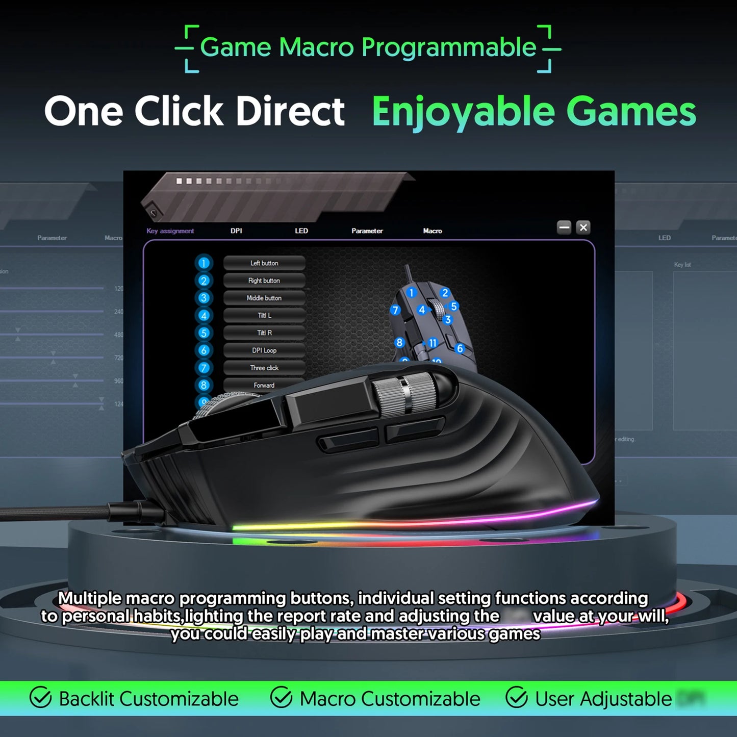 RGB Wired Gaming Mouse 7 Lighting Modes Dual Scroll Wheels Macro Programmable 1200-12400 DPI Ergonomic Design for PC Gamer