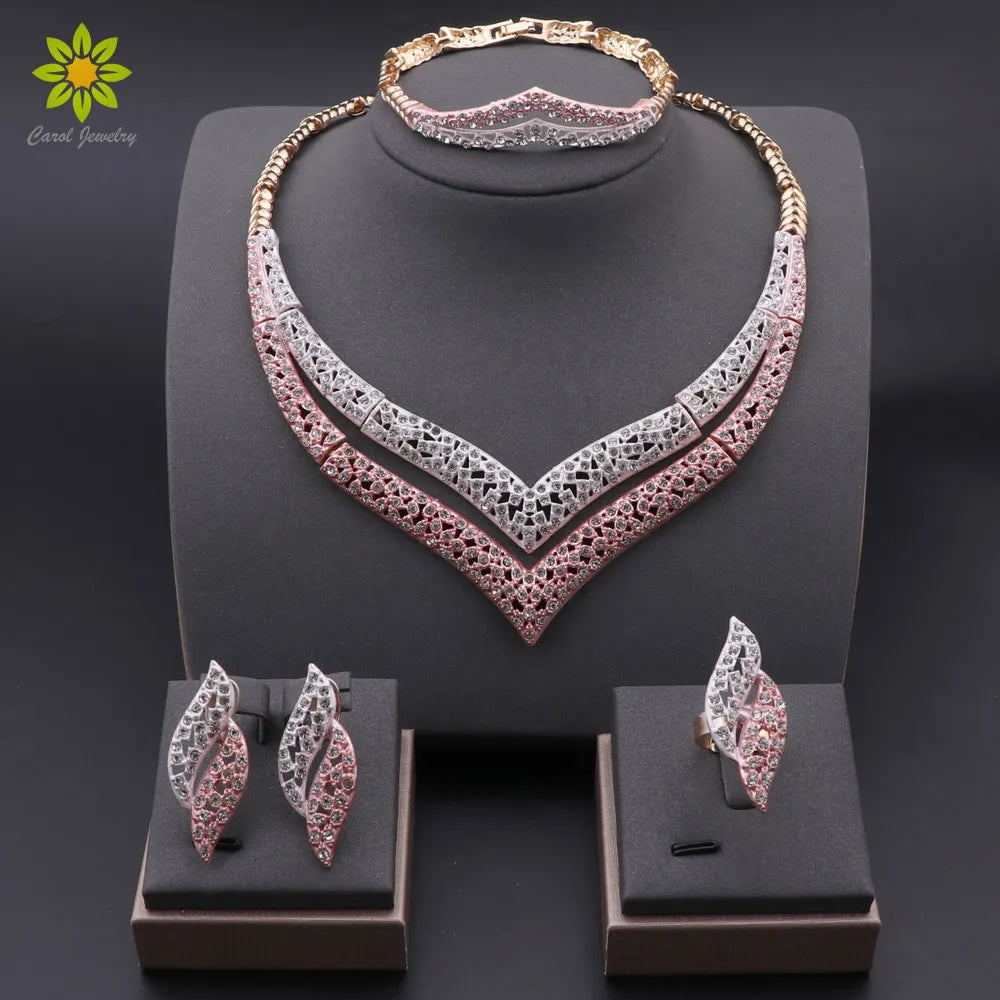 Dubai Gold Color Jewelry Set Fashion Women Necklace Earrings Bracelet And Ring 4PCS Set Jewelry Wedding Party Gift