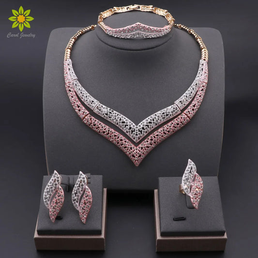 Dubai Gold Color Jewelry Set Fashion Women Necklace Earrings Bracelet And Ring 4PCS Set Jewelry Wedding Party Gift