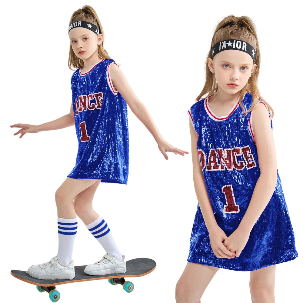 LOlanta Girls Hip Hop Dance Clothes Kids Jersey Sequin Dress Long Tank Top Jazz Cheerleading T-Shirt
