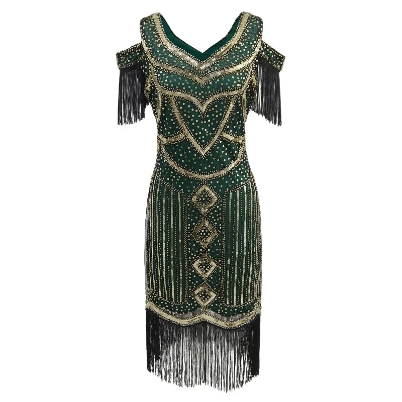 Women Fringe 1920s Flapper Dress 20s Gatsby Themed Party Dress Vintage V-neck Off Shoulder Sequin Beaded Cocktail Dress