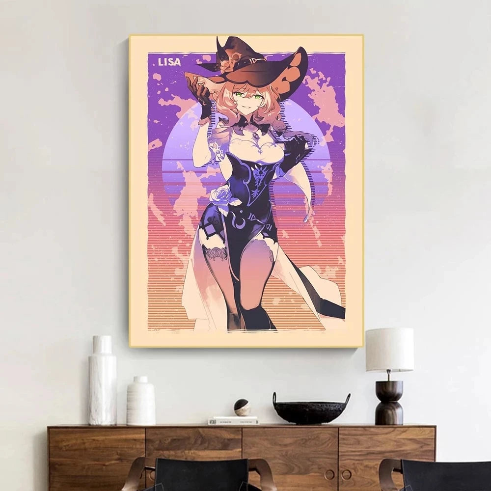 Genshin Game Retro Canvas Poster Ganyu Hu Tao Game  Wall Hanging Painting Anime Wall Art Pictures and Print for Home Room Decor