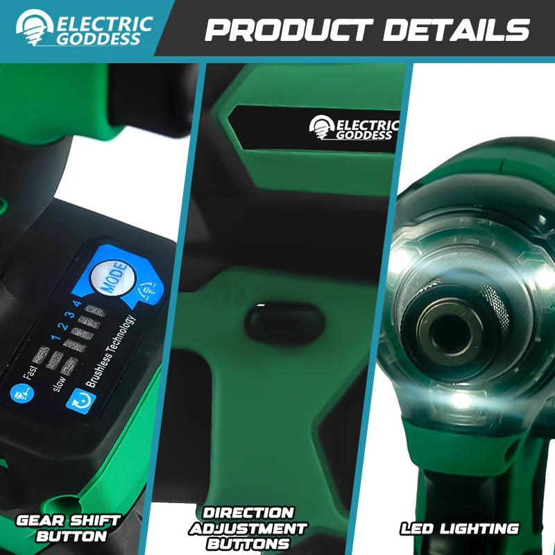 Electric Goddess Brushless Impact Driver 207NM Cordless Electric Drill Screwdriver Tool ﻿For Dewalt Makita Battery Pin